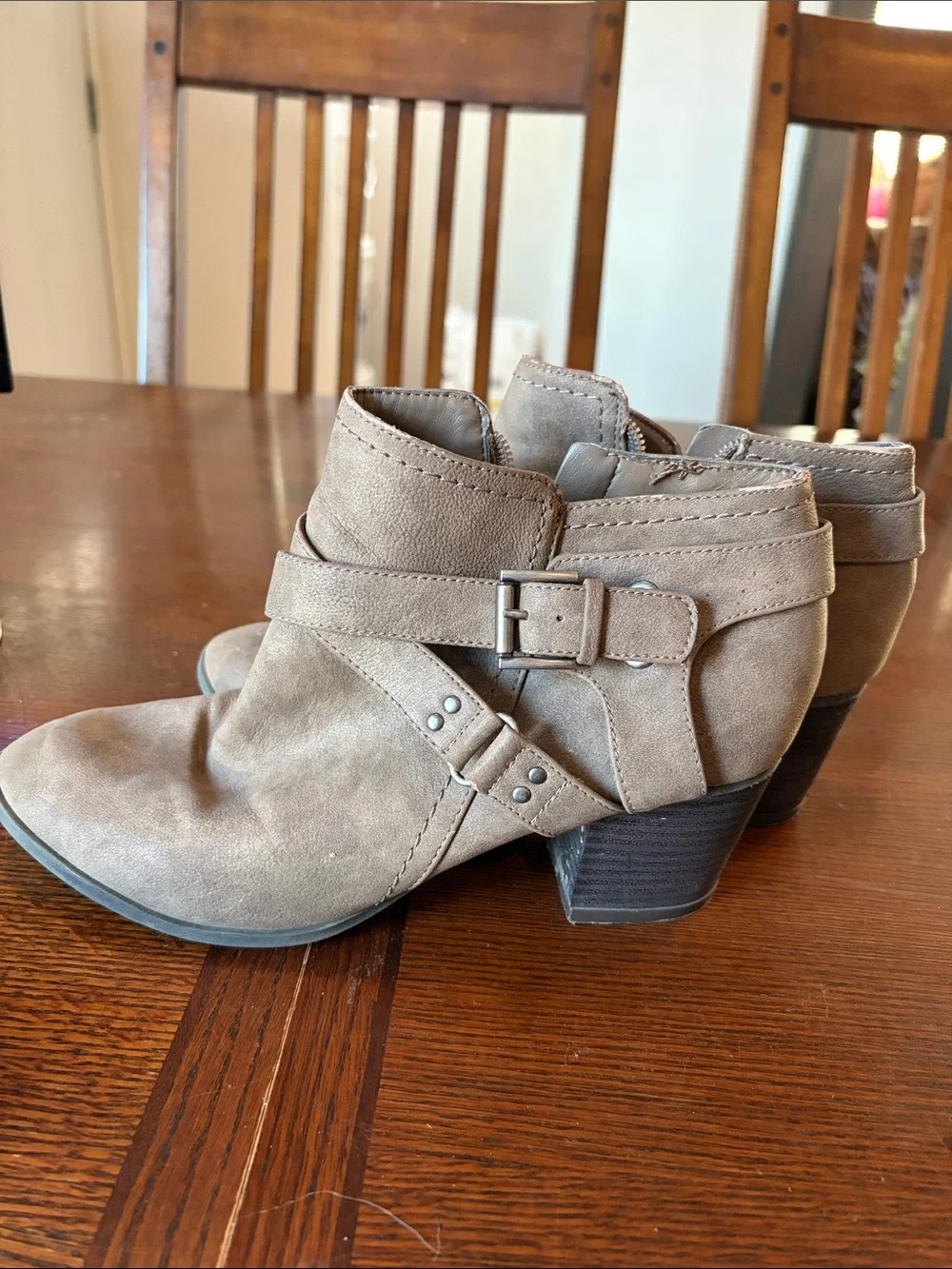 Indigo Taupe Suede Ankle Booties with Buckle Strap